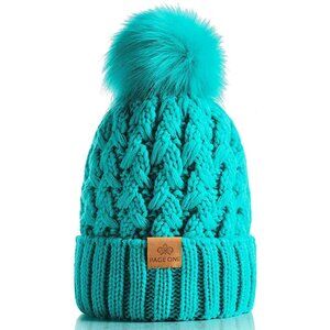 Women’s Green Winter Ribbed Beanie Hat Chunky Cable Knit Pompom Warm